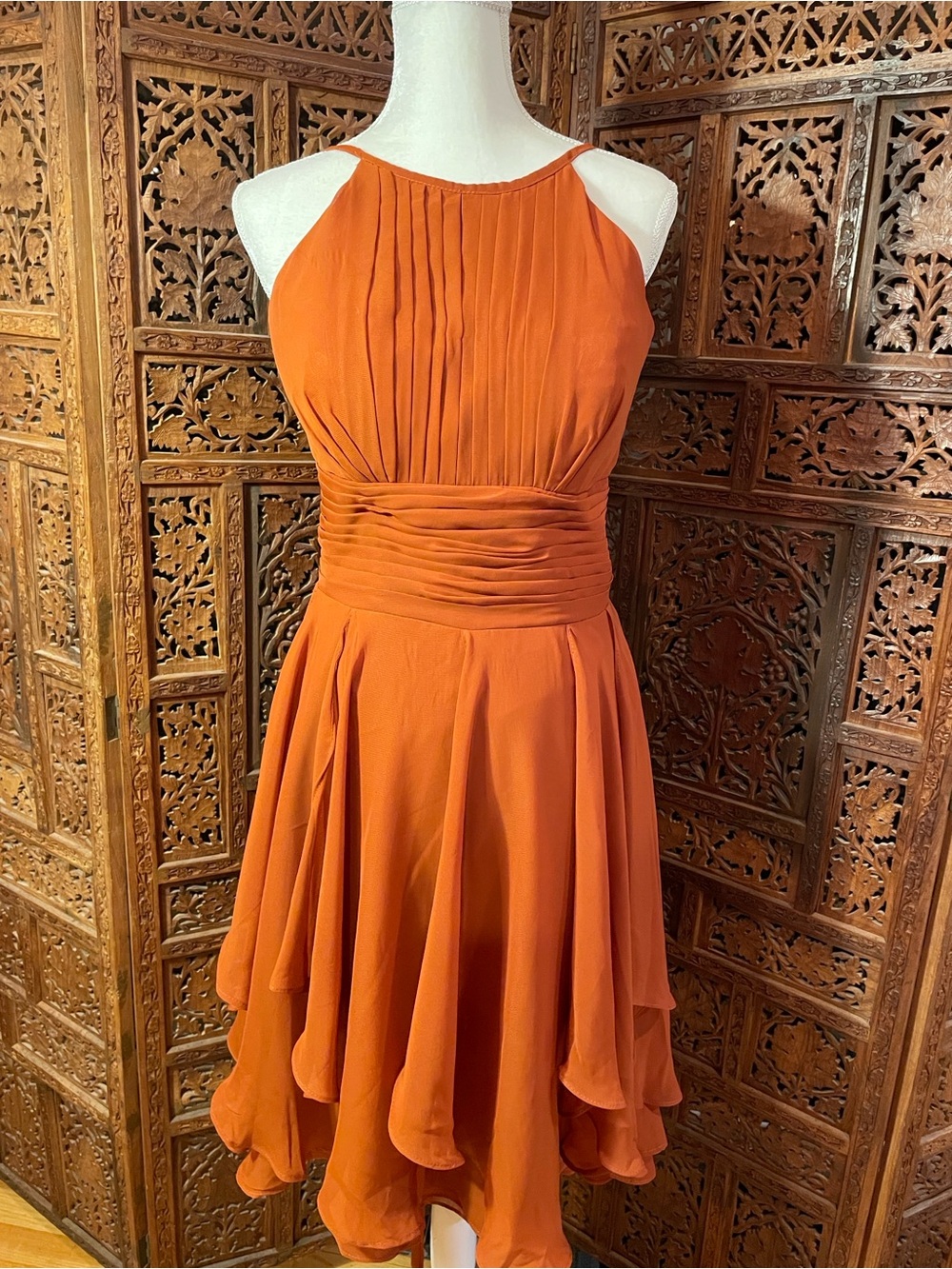 Elegant Halter Dress in Burnt Orange with subtle chiffon overlay
